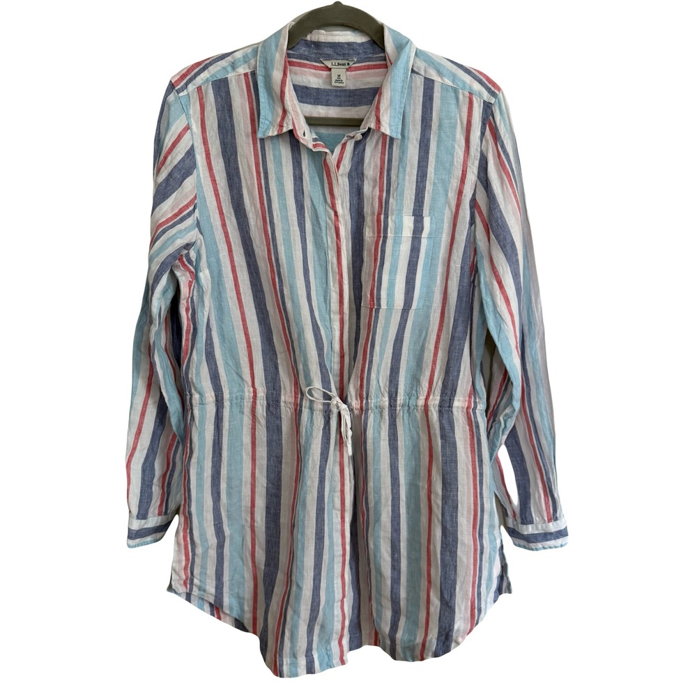 LL Bean Striped Linen Cover Up Dress‎ Medium Beach Vacation Resort Coastal